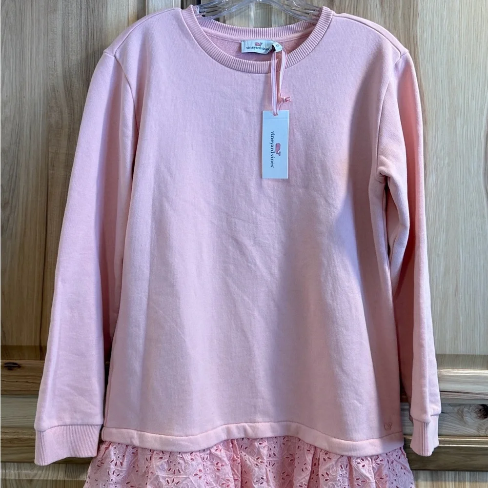 NWT Vineyard Vines Girls Pink Long Sleeve Tired Eyelet Ruffle Dress Size 16